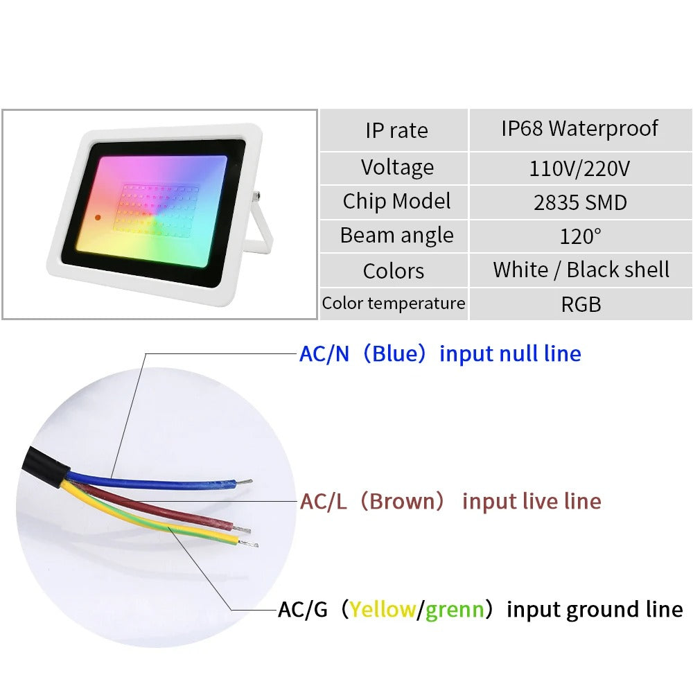 LED RGB Flood Light - 20W/30W/50W/100W Outdoor Spotlight | IP68 Waterproof Reflector | 110V/220V Garden Projector Lamp