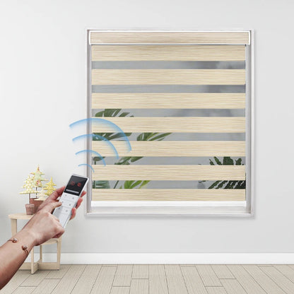 Home Alexa Smart Motorized Zebra Blinds – Semi-Blackout Woodgrain Roller Shades for Modern Window Decor