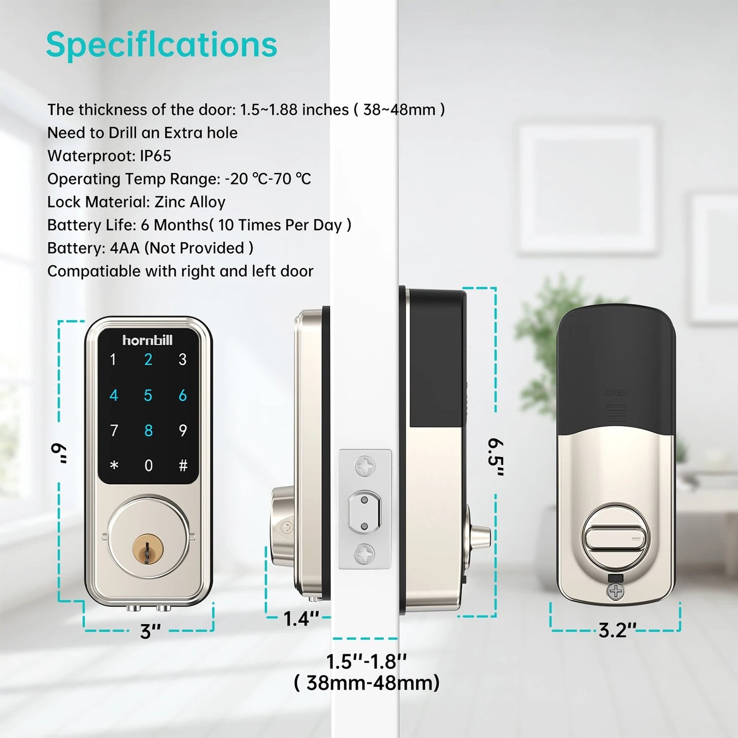 Hornbill WiFi Smart Deadbolt Door Lock with Keypad & App Control – Auto-Lock, Keyless Entry for Home & Office