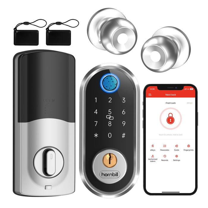 Hornbill Smart Fingerprint Door Lock - Keyless Entry, Digital Deadbolt, IC Card, Keypad, Auto-Lock, with Knob Set for Home Security