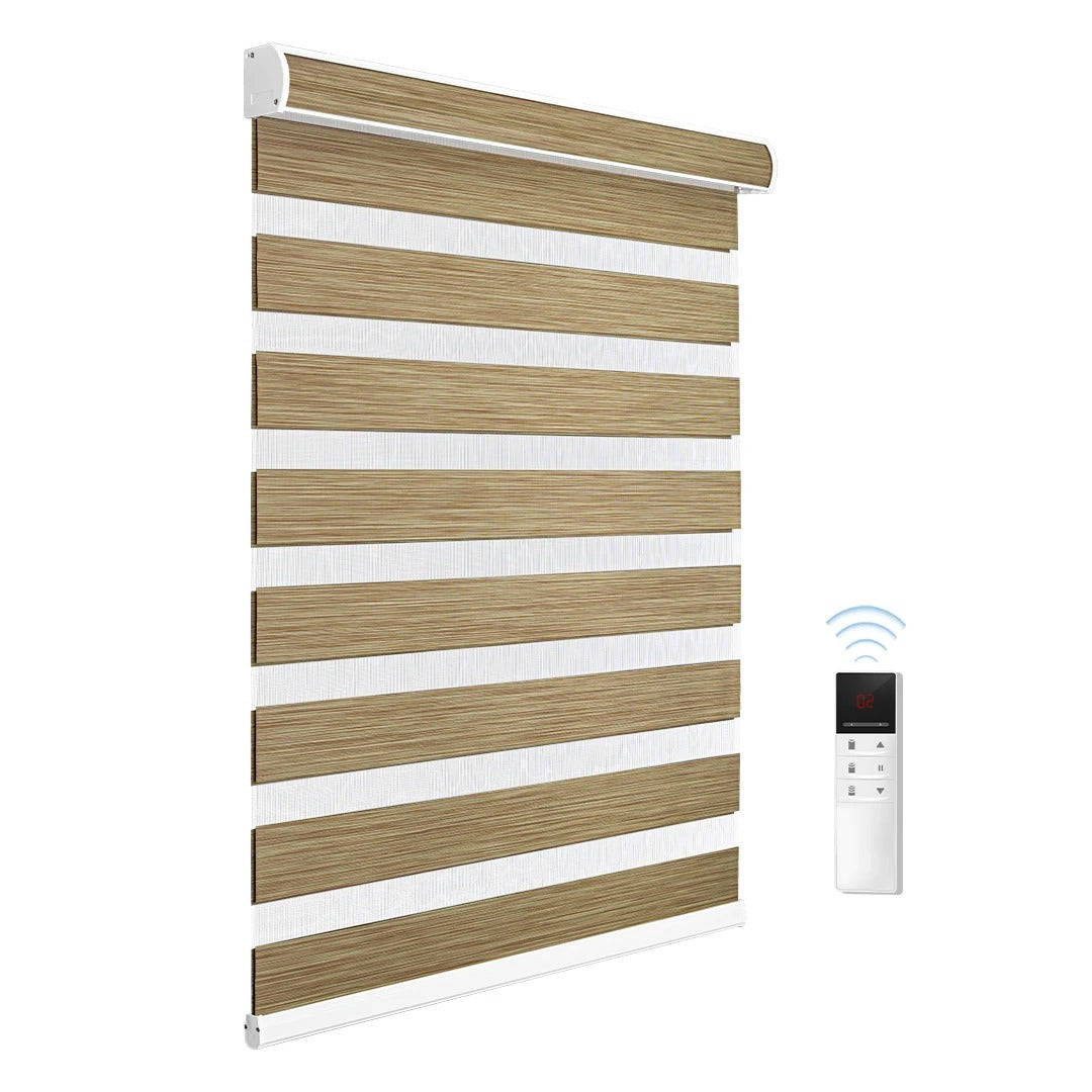 Home Alexa Smart Motorized Zebra Blinds – Semi-Blackout Woodgrain Roller Shades for Modern Window Decor