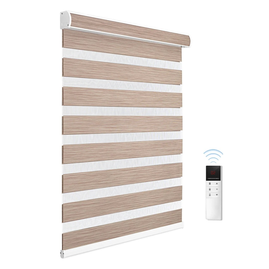 Home Alexa Smart Motorized Zebra Blinds – Semi-Blackout Woodgrain Roller Shades for Modern Window Decor