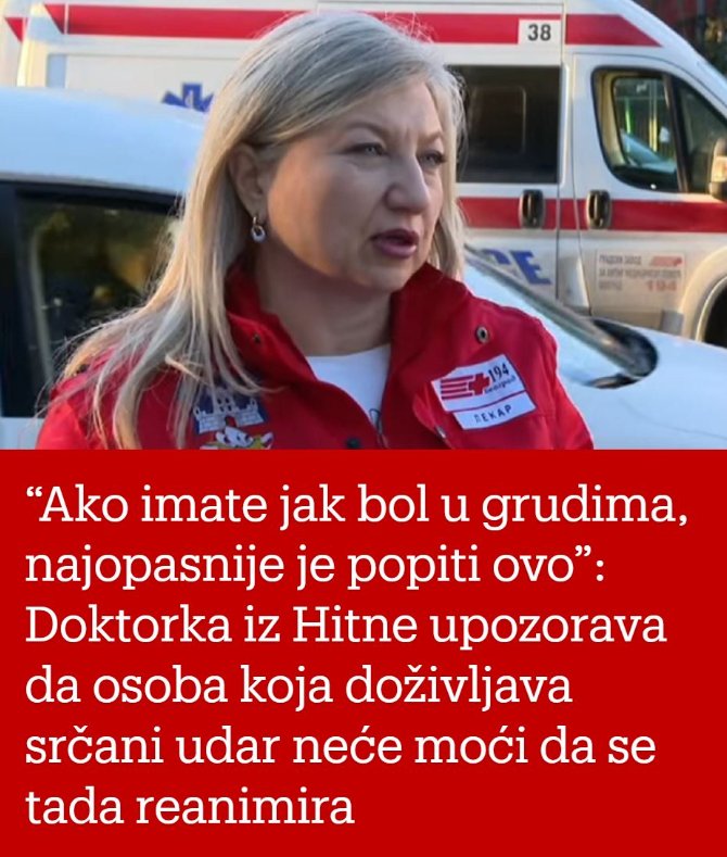 “Ako imate jak bol u grudima, najopasnije je popiti ovo”: Doktorka iz Hitne upozorava da osoba koja doživljava srčani udar neće moći da se tada reanimira… - featured image “Ako imate jak bol u grudima, najopasnije je popiti ovo”: Doktorka iz Hitne upozorava da osoba koja doživljava srčani udar neće moći da se tada reanimira… - featured image