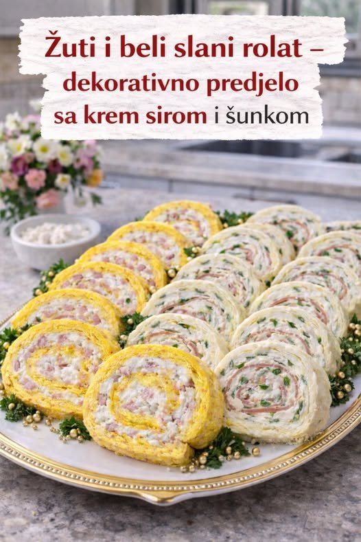 Žuti i beli slani rolat, dekorativno predjelo sa krem sirom i šunkom… - featured image