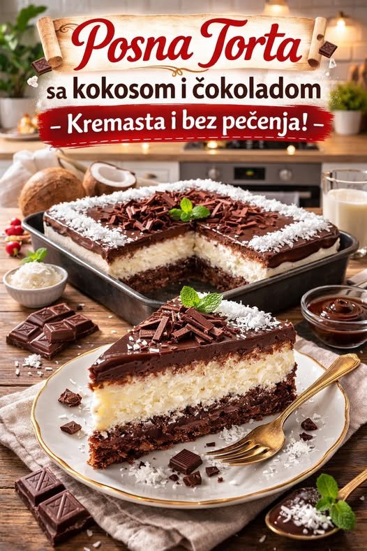 Posna torta sa kokosom i čokoladom, kremasta i bez pečenja - featured image