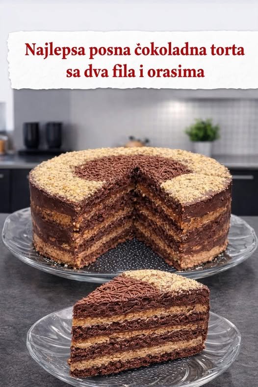 Najljepsa posna čokoladna torta sa dva fila i orasima - featured image