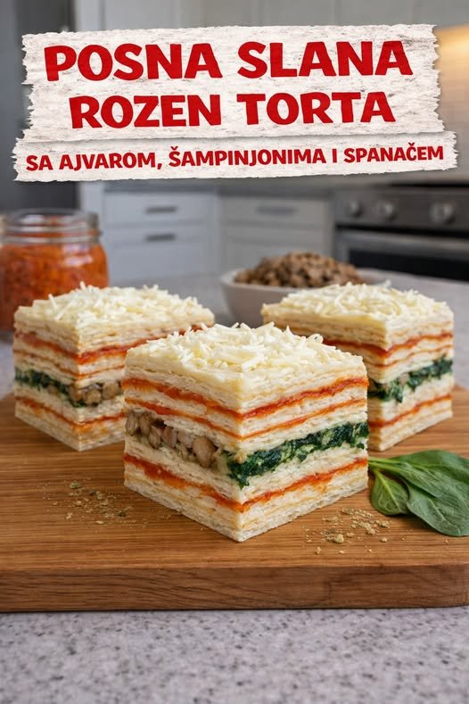 POSNA SLANA ROZEN TORTA (sa ajvarom, šampinjonima i spanaćem) - featured image