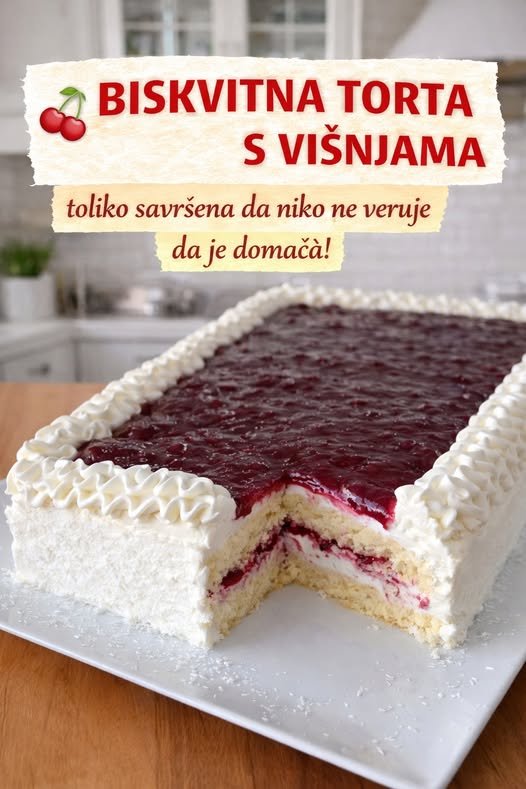 BISKVITNA TORTA S VIŠNJAMA – toliko savršena da niko ne veruje da je domaća! - featured image BISKVITNA TORTA S VIŠNJAMA – toliko savršena da niko ne veruje da je domaća! - featured image