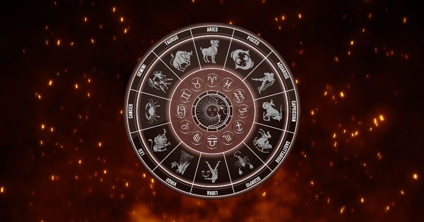 Glowing zodiac wheel with astrological symbols surrounded by warm orange sparks on a dark cosmic background