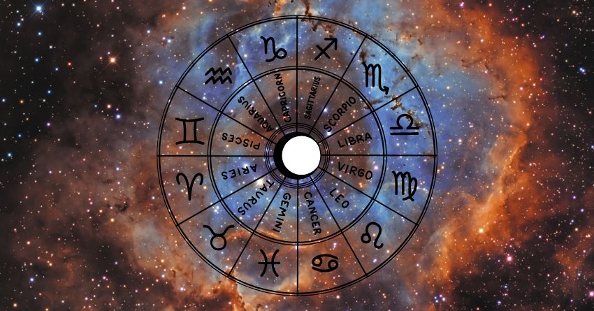 Glowing zodiac wheel with astrological symbols surrounded by swirling blue and orange cosmic energy
