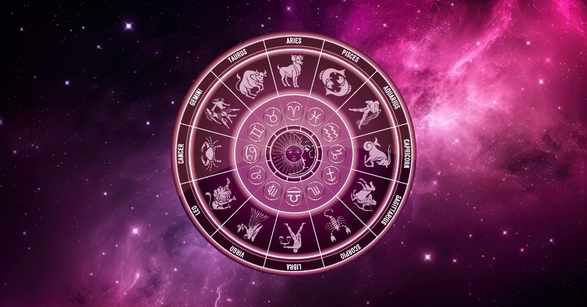 Glowing zodiac wheel with astrological symbols surrounded by bright pink and purple cosmic clouds