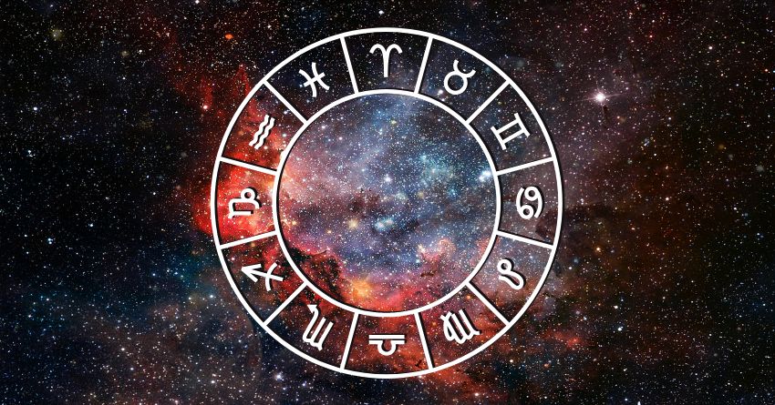 Glowing zodiac wheel with astrological symbols surrounding a cosmic planet on a dark celestial background
