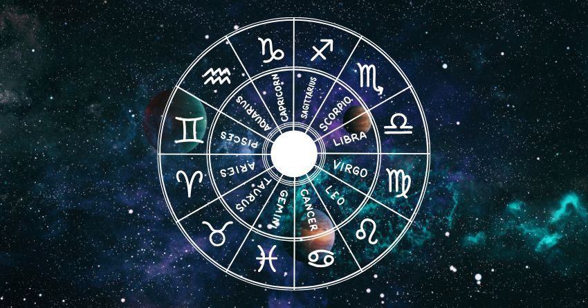 Glowing zodiac wheel with astrological symbols surrounded by blue and turquoise cosmic energy on a dark background