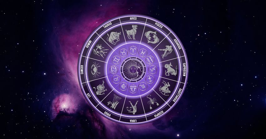 Glowing purple zodiac wheel with astrological symbols surrounded by dark cosmic energy and celestial light